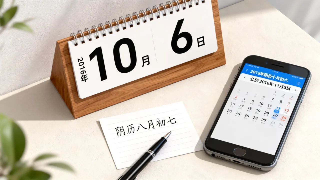 2016年10月6日阴历是多少？2016年阴历10月6日对应的公历日期是什么
