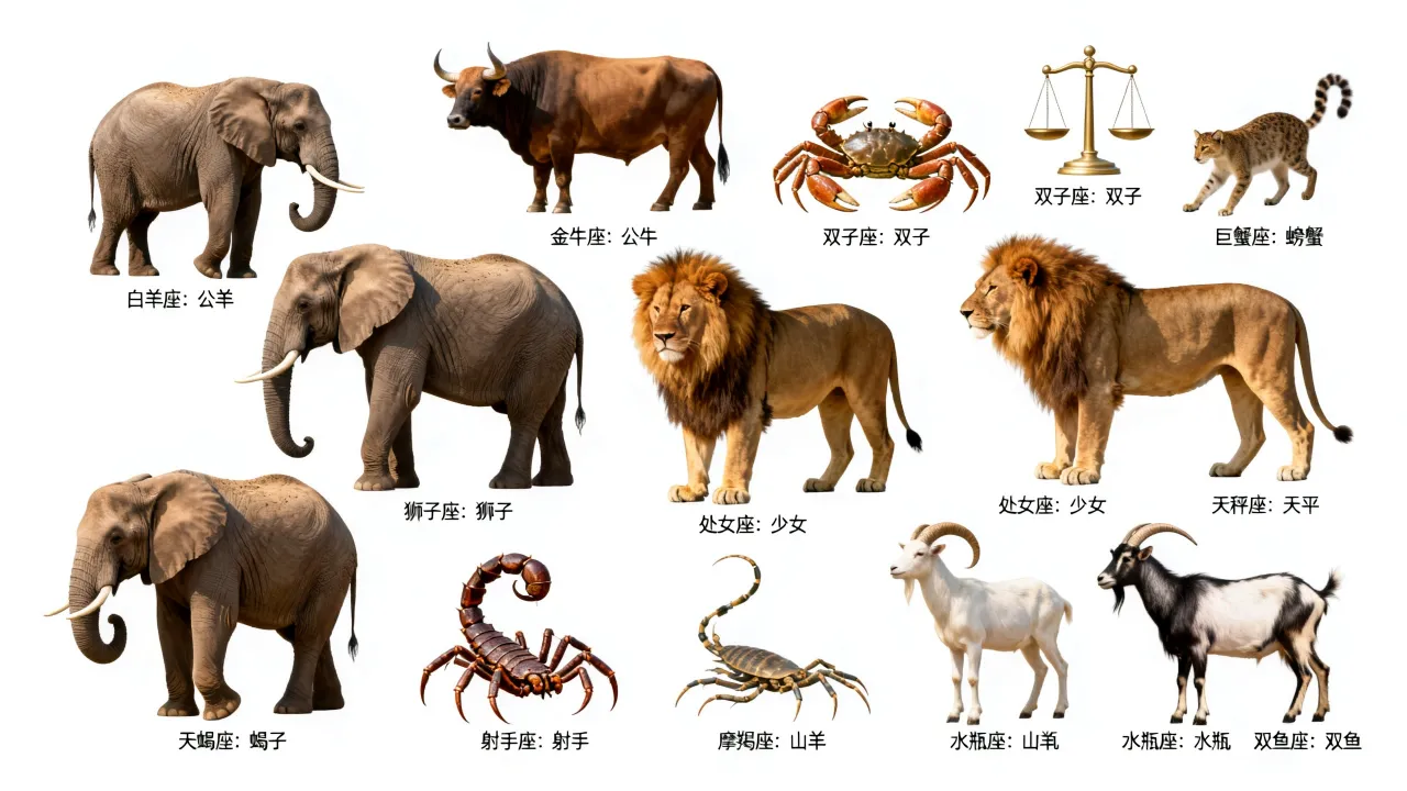 十二星座对应的动物是大象吗，大象代表什么星座