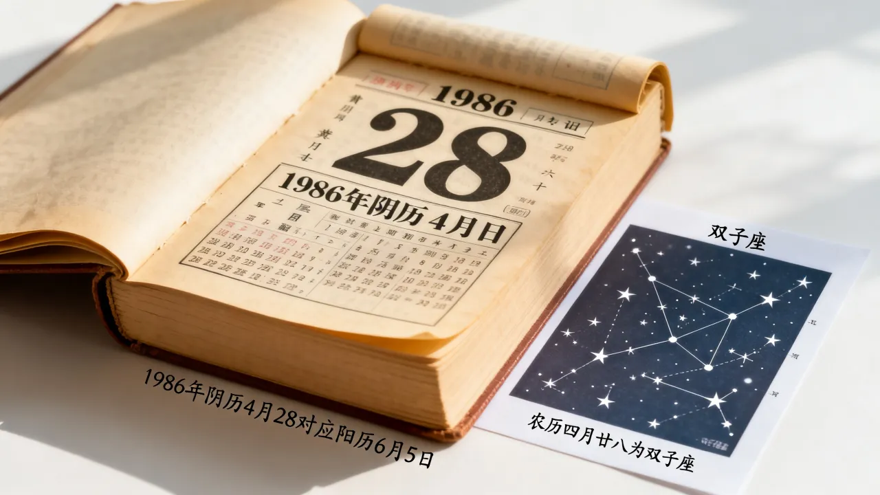 1986年阴历4月28是阳历几号，农历四月廿八是什么星座？