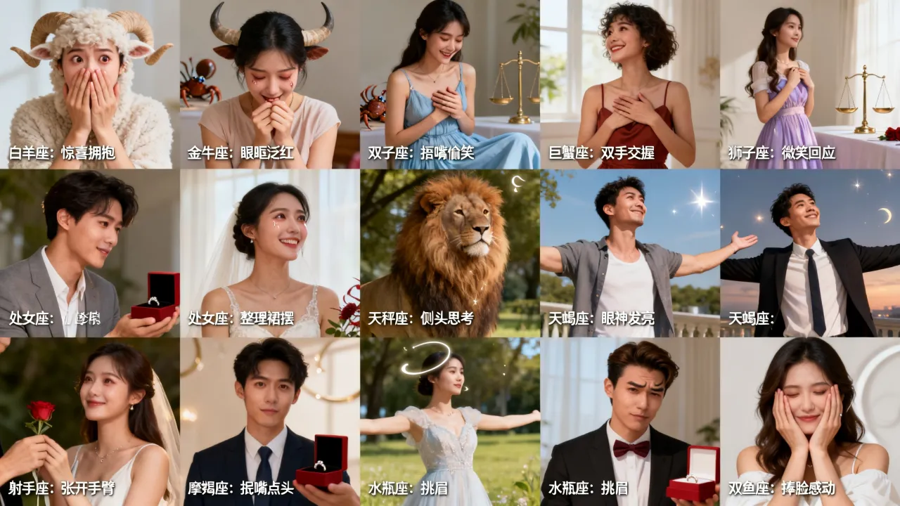 当十二星座被求婚的第一反应是什么？哪个星座最感动？