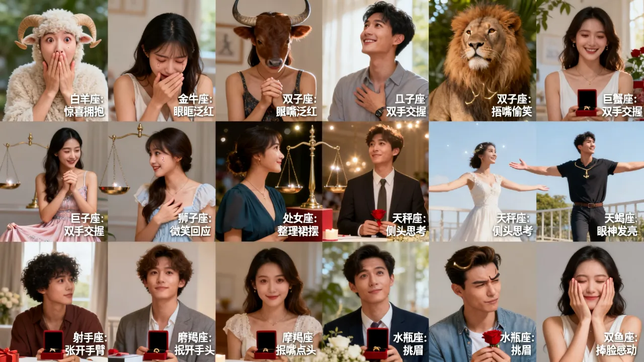 当十二星座被求婚的第一反应是什么？哪个星座最感动？